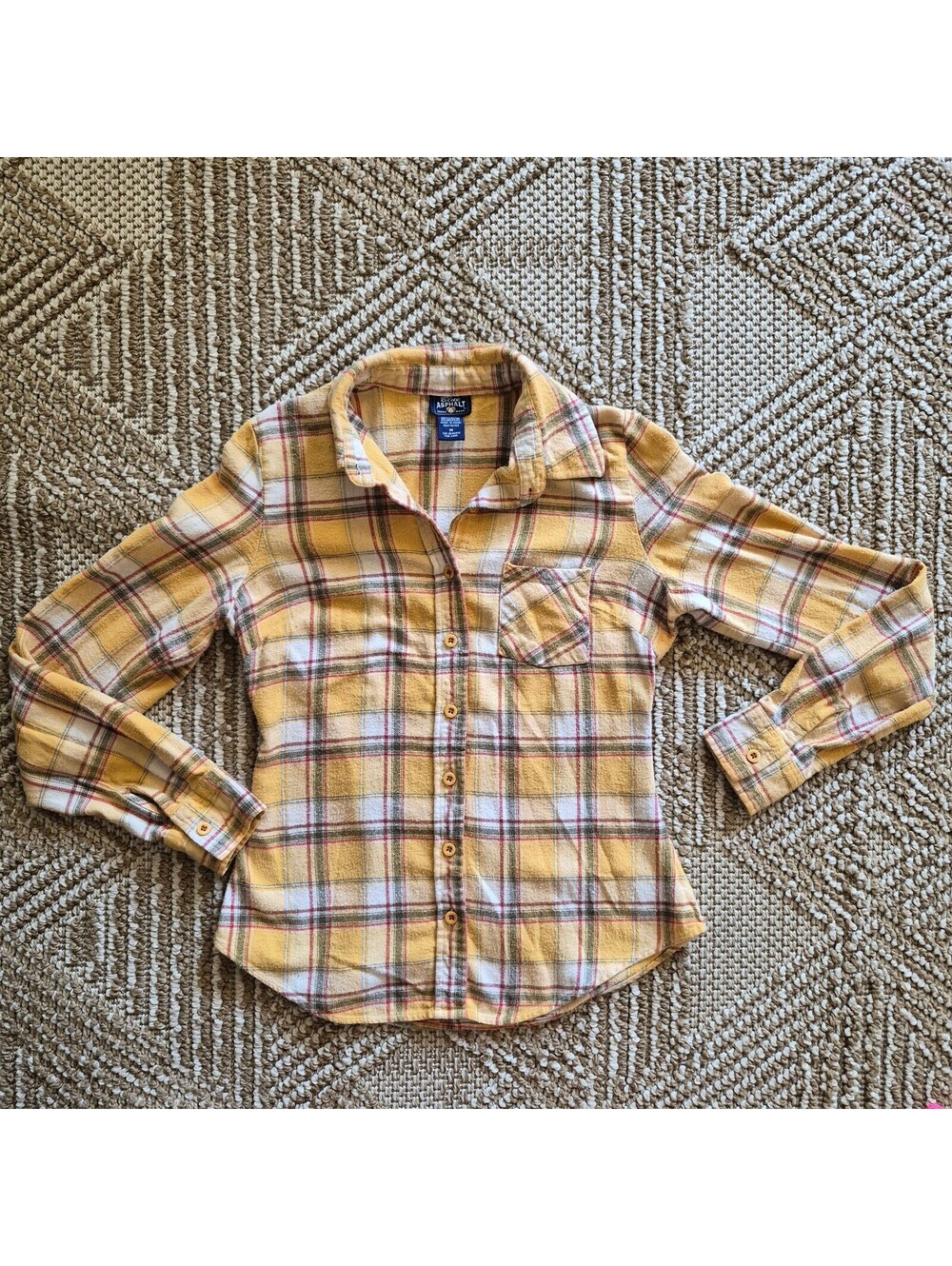 VINTAGE 90s Y2k Blue Asphalt Yellow Plaid Flannel Shirt Grunge Goblincore S M